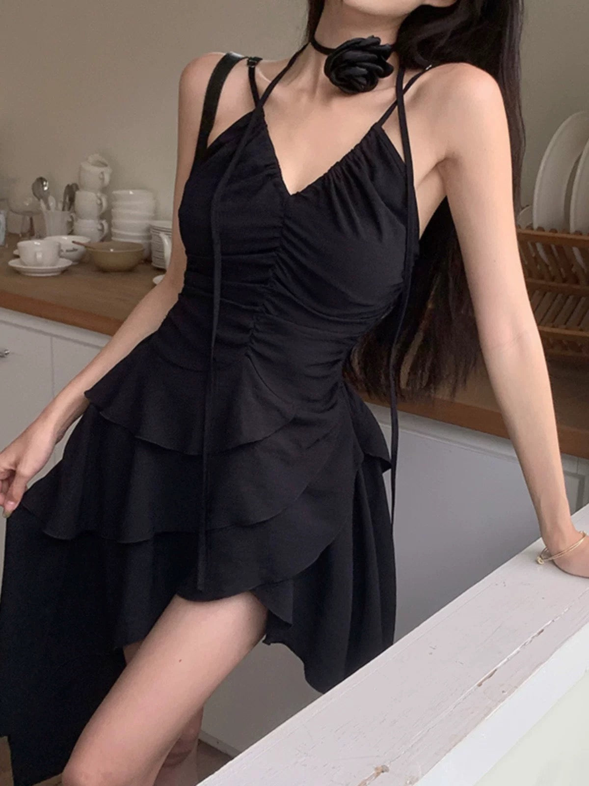 A line Irregular Hem Spaghetti Straps Little Black Dresses Short Satin Birthday Outfit SD269