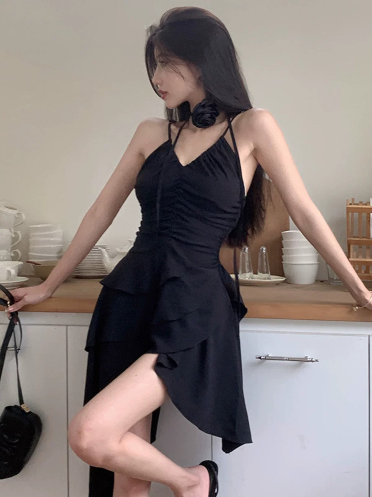 A line Irregular Hem Spaghetti Straps Little Black Dresses Short Satin Birthday Outfit SD269