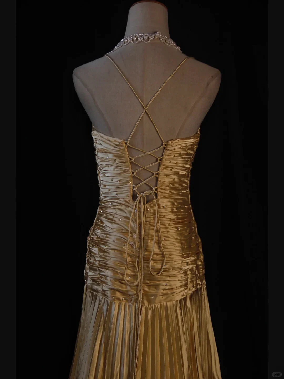 A Line Halter Gold Satin Beads Long Evening Dress Prom Dresses SD2701