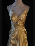 A Line Halter Gold Satin Beads Long Evening Dress Prom Dresses SD2701