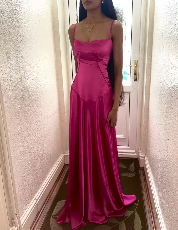 A line Spaghetti Straps Pink Satin Long Party Dresses Prom Dresses SD2705 HZ0628