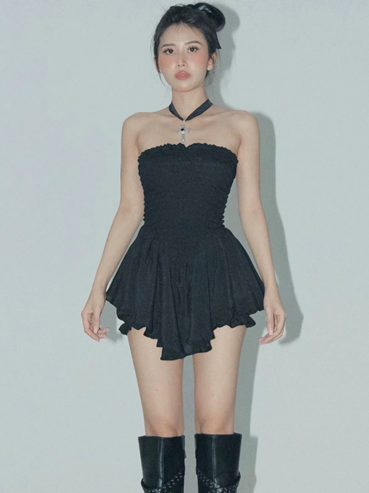 A line Irregular Hem Strapless Little Black Dresses Short Chiffon Birthday Outfit SD270