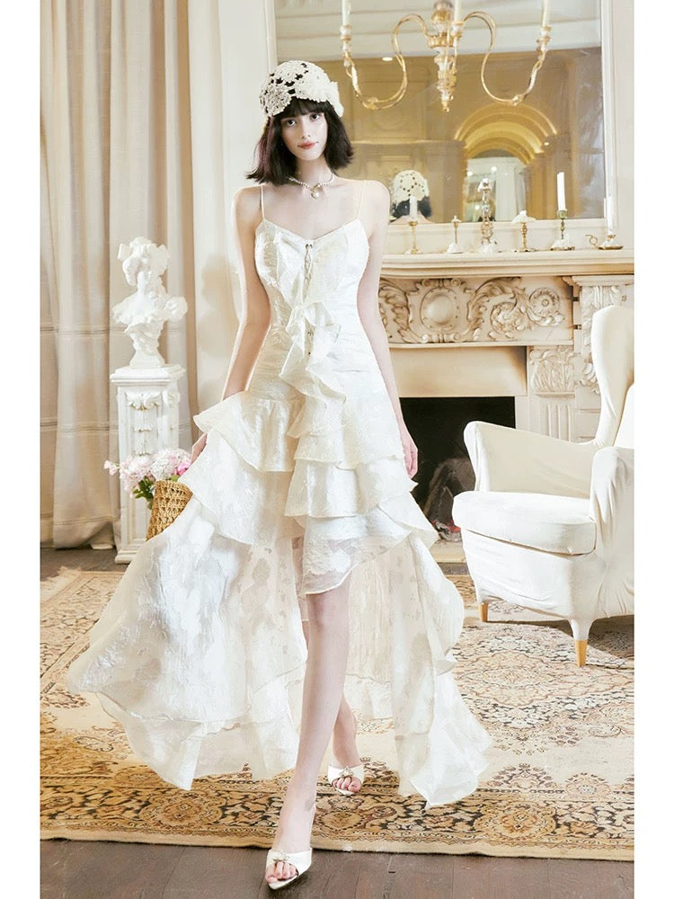 A Line High Low Ruffles Long Evening Dress Lace White Prom Dresses SD2750