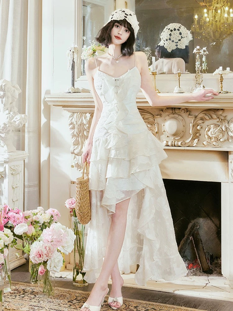 A Line High Low Ruffles Long Evening Dress Lace White Prom Dresses SD2750