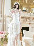 A Line High Low Ruffles Long Evening Dress Lace White Prom Dresses SD2750