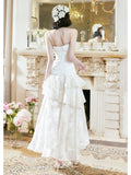 A Line High Low Ruffles Long Evening Dress Lace White Prom Dresses SD2750