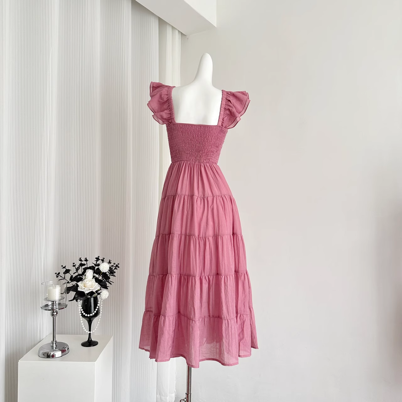 A line Sleeveless Holiday Dresses Ankle Length Ruffles Pink Birthday Outfits SD276