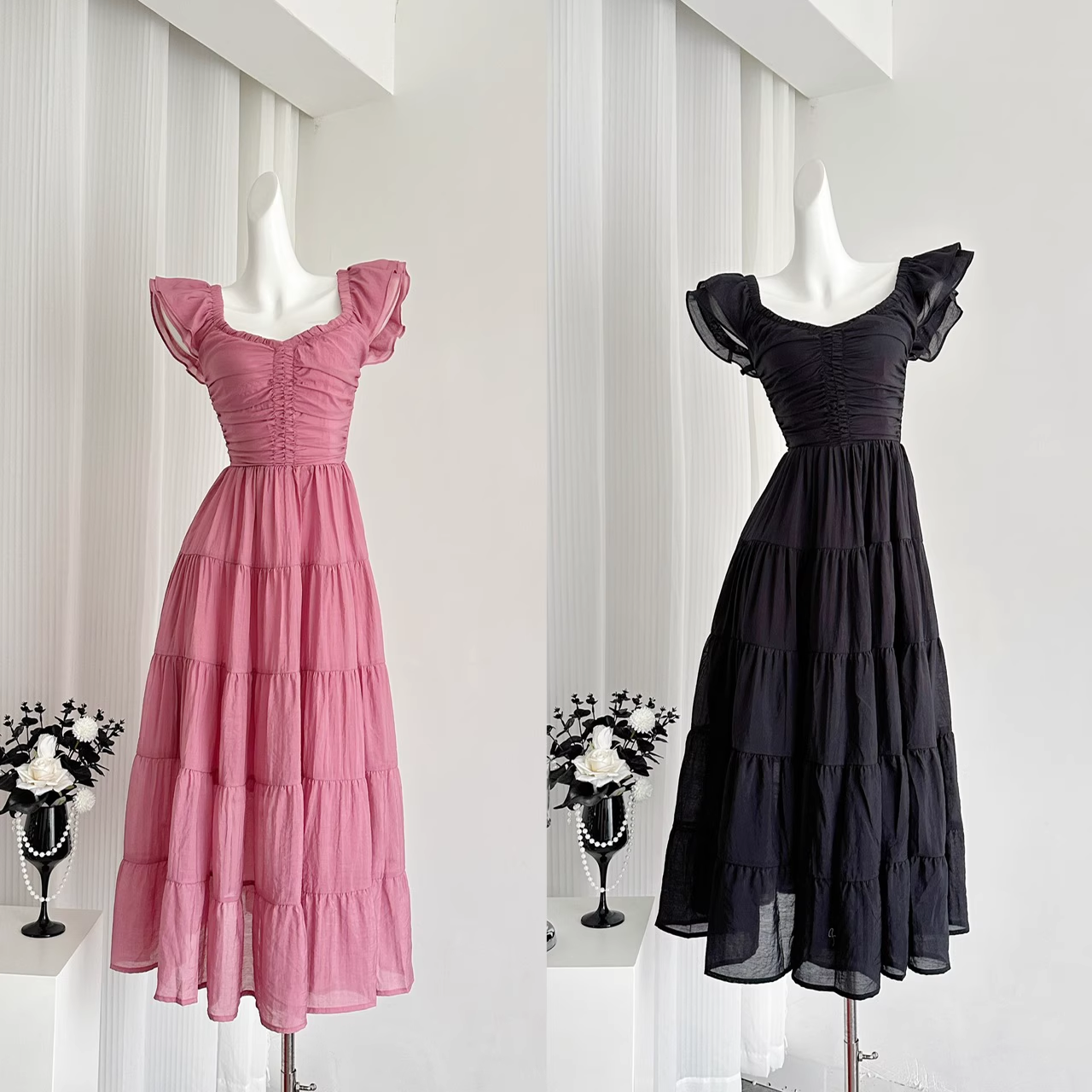 A line Sleeveless Holiday Dresses Ankle Length Ruffles Pink Birthday Outfits SD276