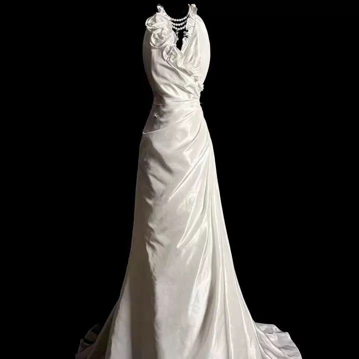 A Line Halter Satin Ivory Long Wedding Dress Bridal Dresses SD2761