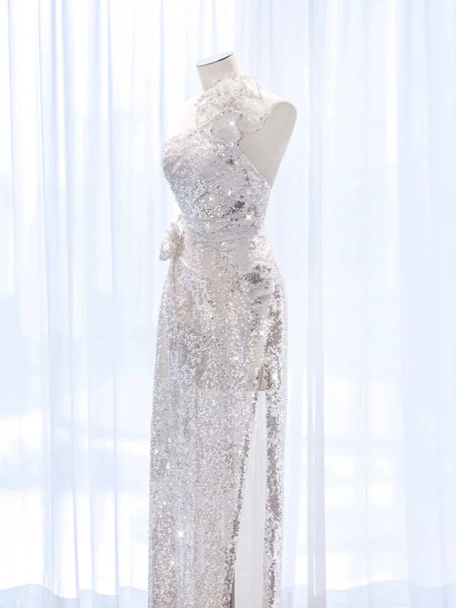 A Line One Shoulder Silver Sequin Long Length Evening Dress Prom Dresses SD2777