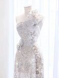 A Line One Shoulder Silver Sequin Long Length Evening Dress Prom Dresses SD2777