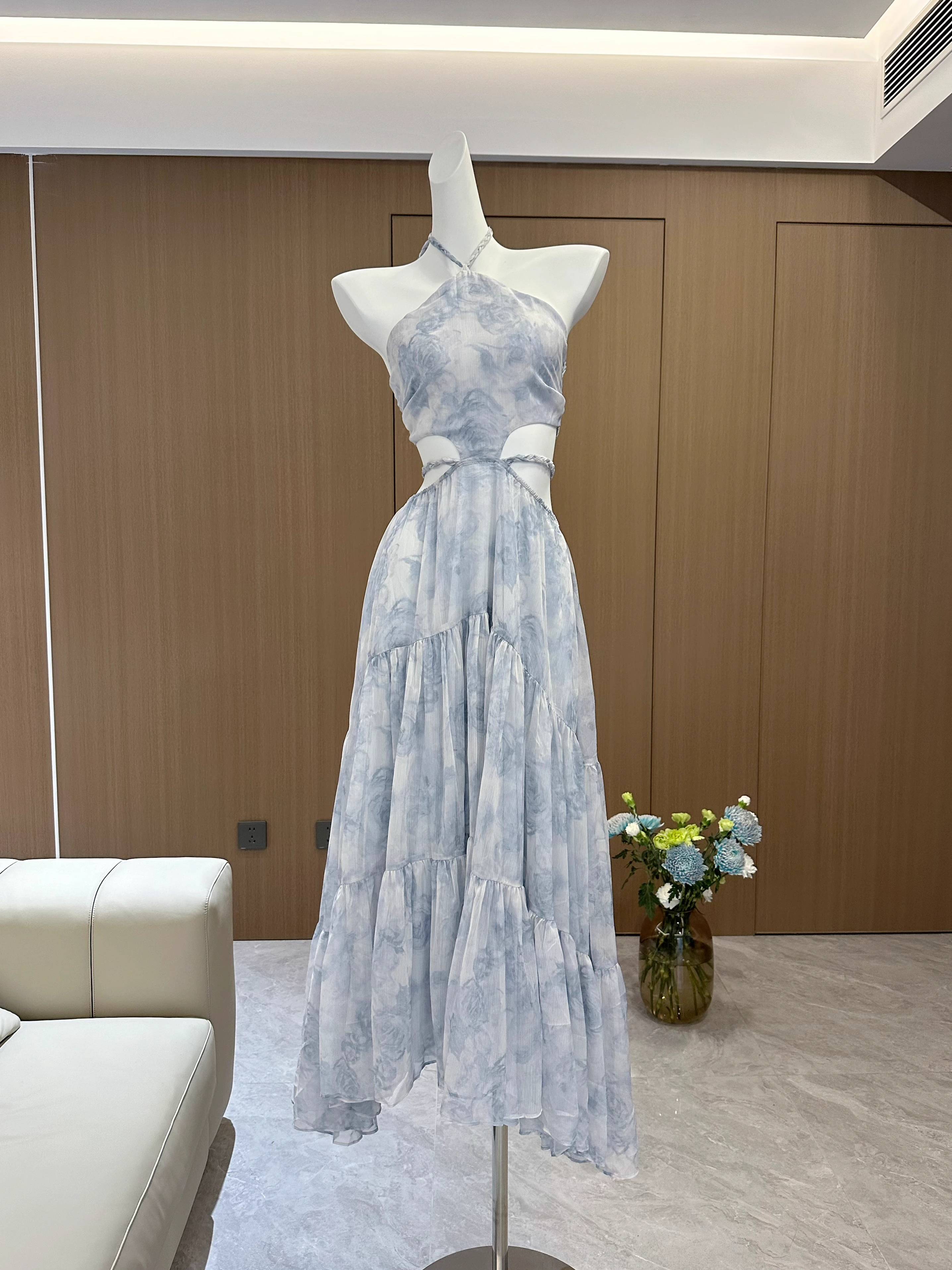 A line Halter Sleeveless Holiday Dresses Blue Floral Beach Dress Birthday Outfits SD277