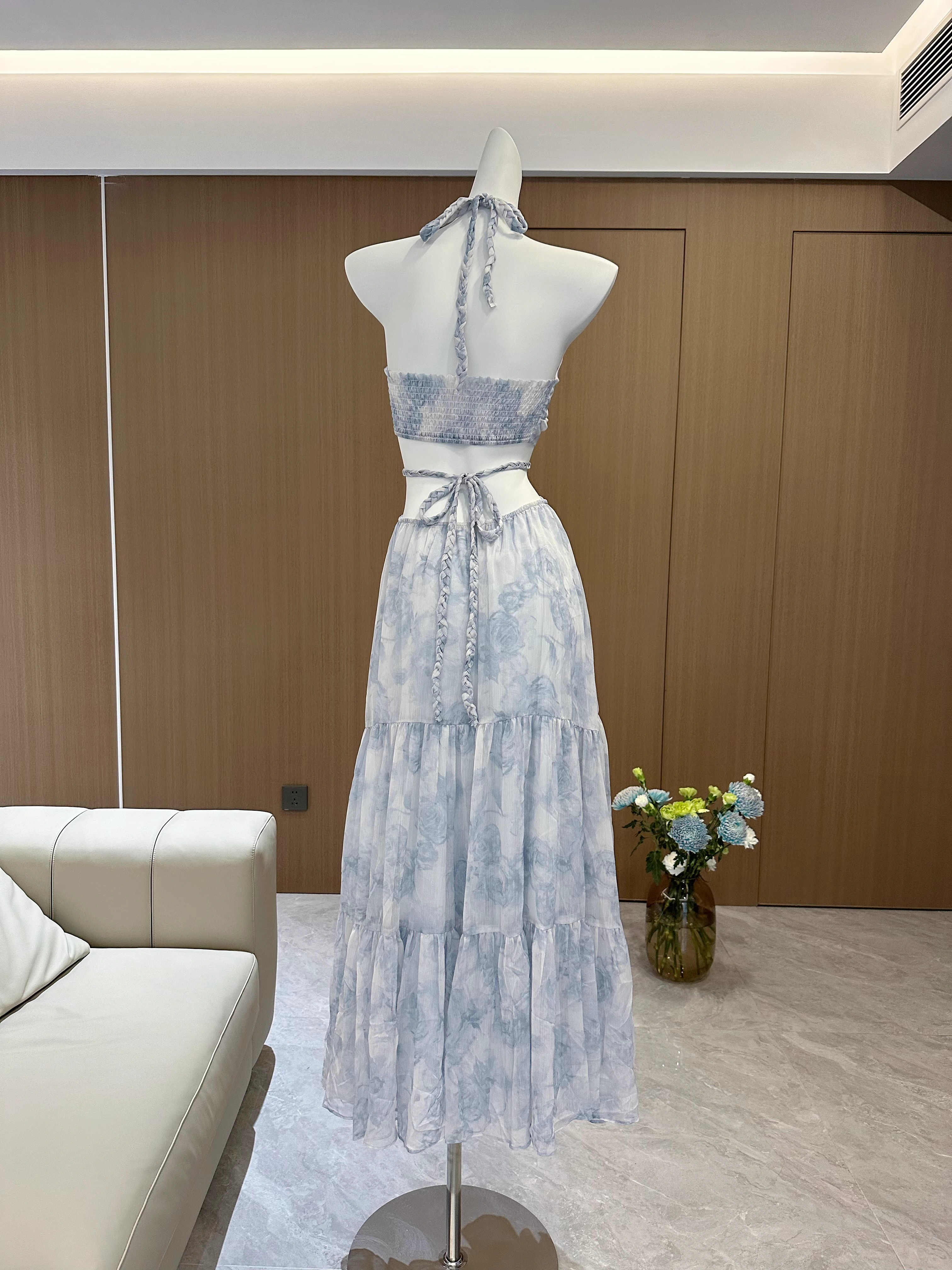A line Halter Sleeveless Holiday Dresses Blue Floral Beach Dress Birthday Outfits SD277