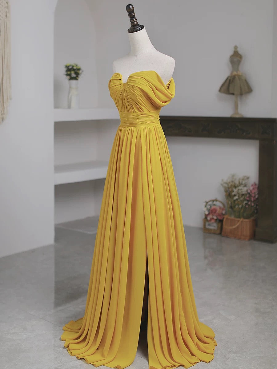 A Line Off The Shoulder Yellow Long Length Evening Dress Prom Dresses SD2789