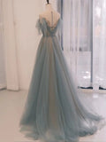 A Line Off The Shoulder Blue Tulle Long Length Evening Dress Prom Dresses SD2790