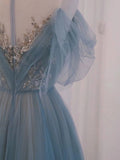A Line Off The Shoulder Blue Tulle Long Length Evening Dress Prom Dresses SD2790