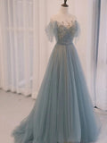 A Line Off The Shoulder Blue Tulle Long Length Evening Dress Prom Dresses SD2790