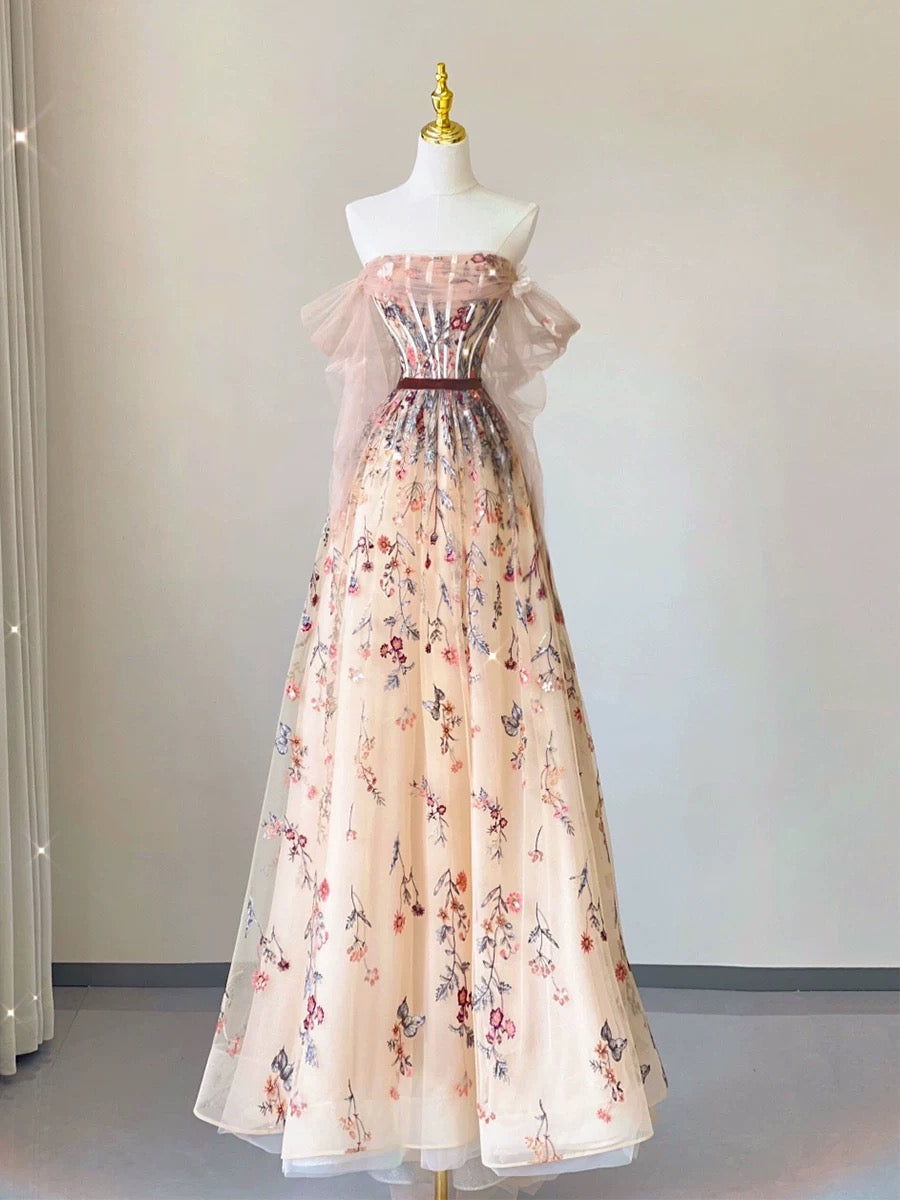A Line Off The Shoulder Long Sleeves Floral Tulle Long Length Evening Dress Prom Dresses SD2792