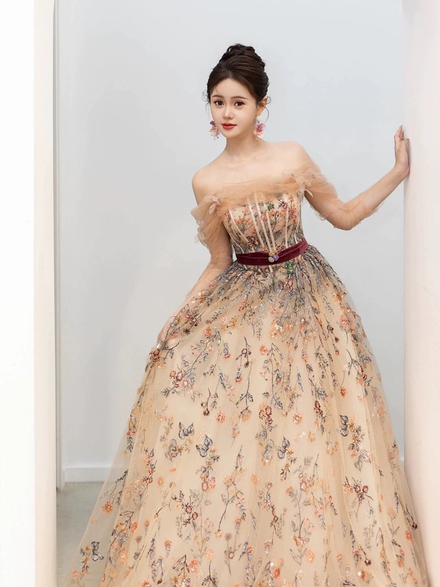 A Line Off The Shoulder Long Sleeves Floral Tulle Long Length Evening Dress Prom Dresses SD2792