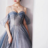 A Line Off The Shoulder Blue Sequin Tulle Long Length Evening Dress Prom Dresses SD2793