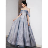 A Line Off The Shoulder Blue Sequin Tulle Long Length Evening Dress Prom Dresses SD2793