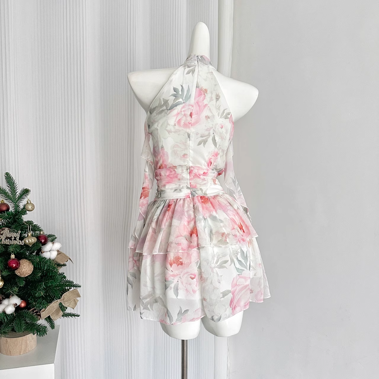 A line Halter Rose Flower Sleeveless Floral Pink Dress Short Holiday Dresses SD279