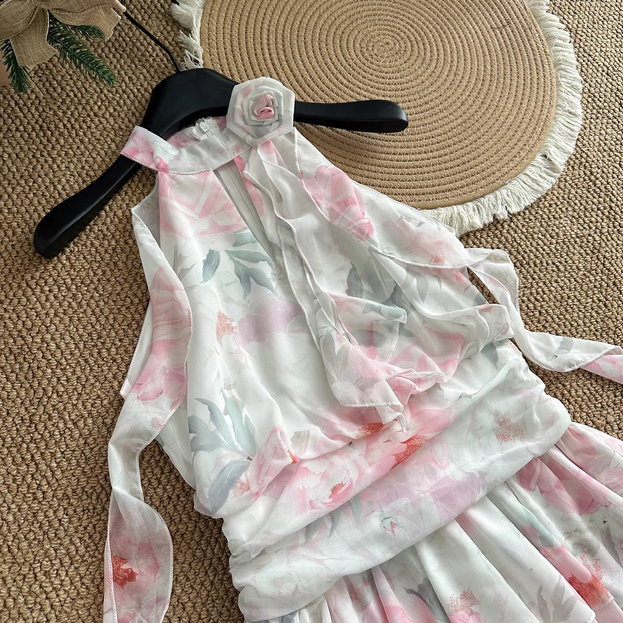 A line Halter Rose Flower Sleeveless Floral Pink Dress Short Holiday Dresses SD279