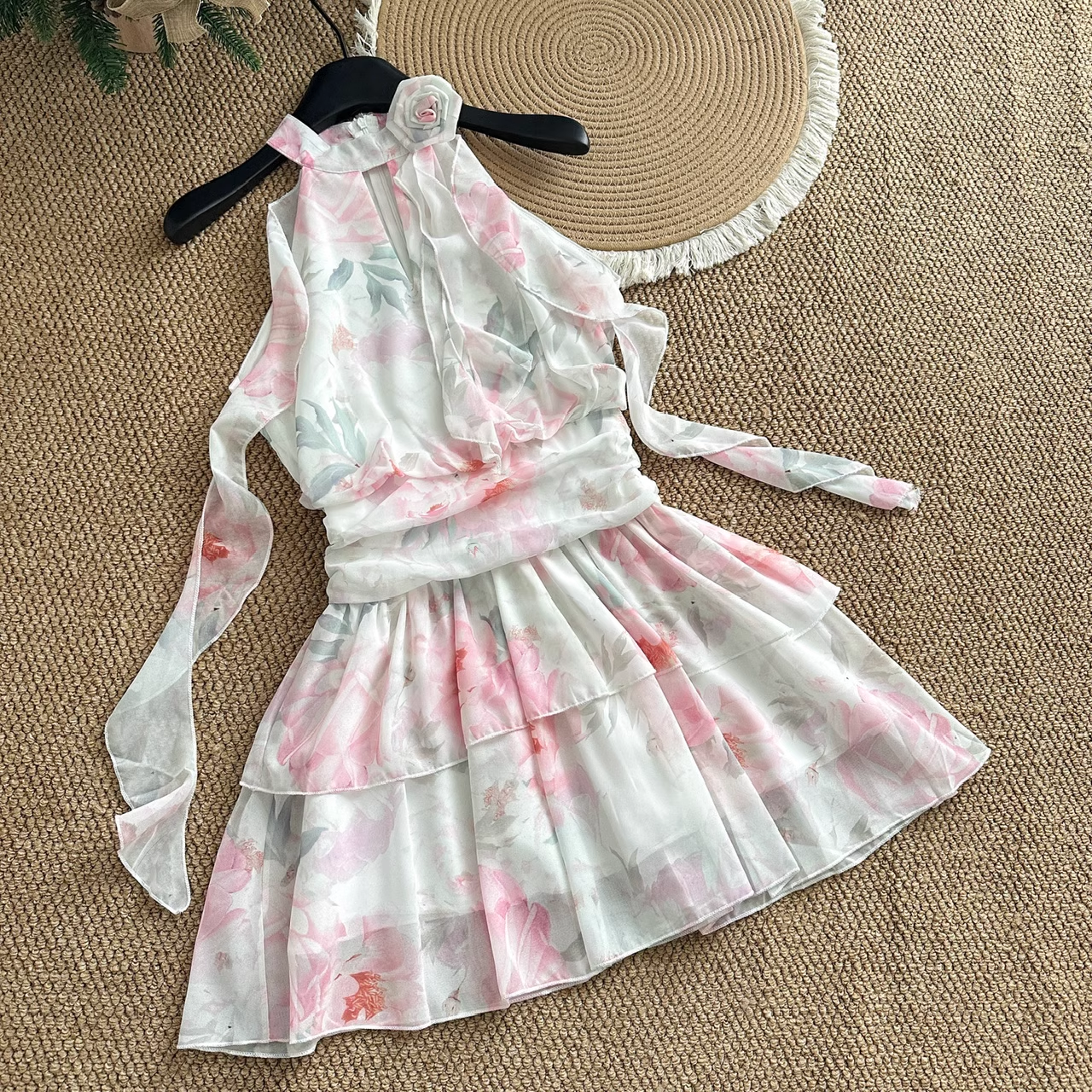 A line Halter Rose Flower Sleeveless Floral Pink Dress Short Holiday Dresses SD279