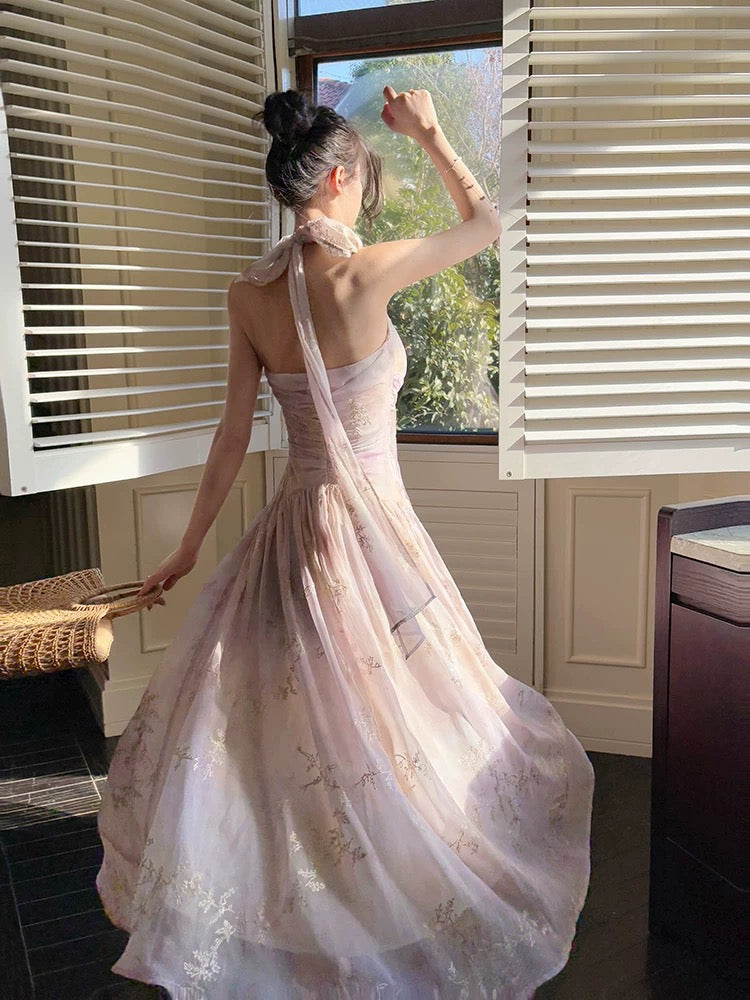 A Line Halter Pink Chiffon Floral Ankle Length Evening Dress Prom Dresses SD2821