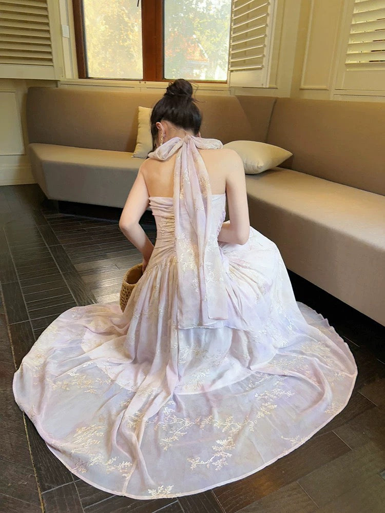 A Line Halter Pink Chiffon Floral Ankle Length Evening Dress Prom Dresses SD2821