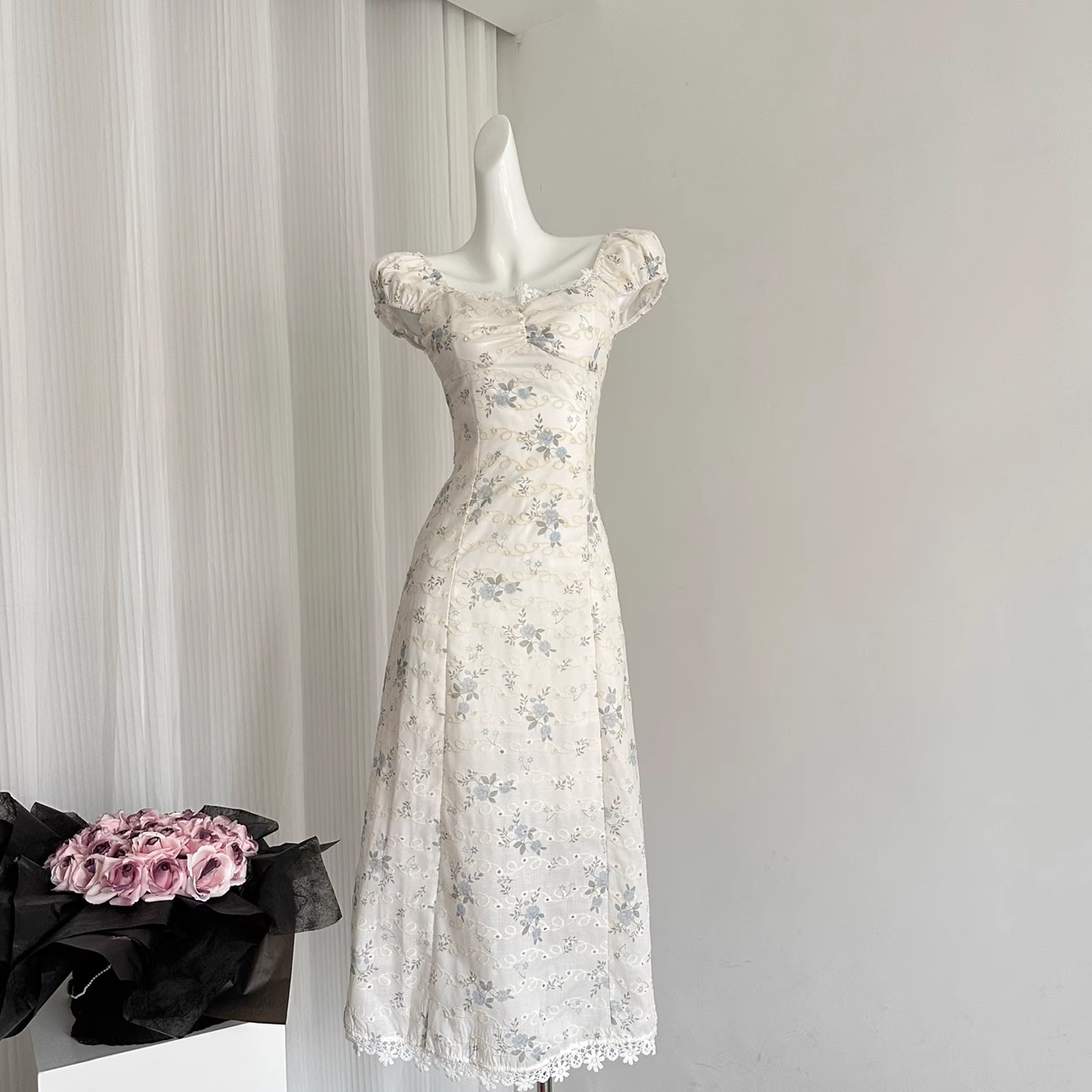 A line Sweetheart Cap Sleeves Blue Floral Dress Long Holiday Dresses SD282