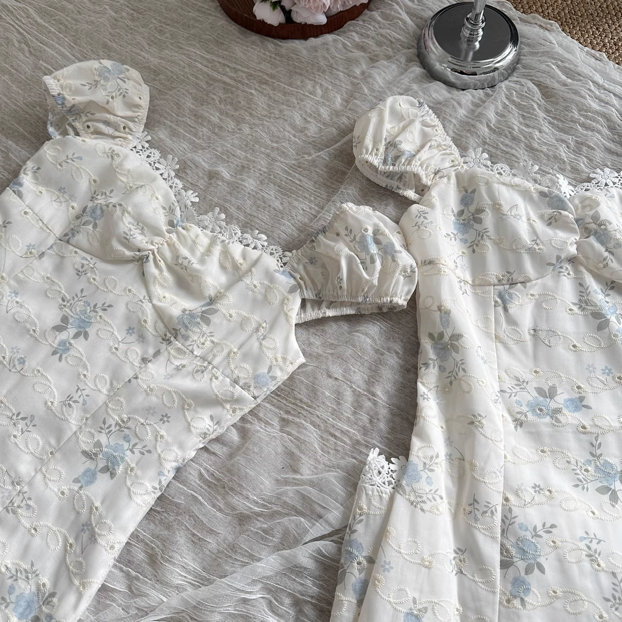 A line Sweetheart Cap Sleeves Blue Floral Dress Long Holiday Dresses SD282