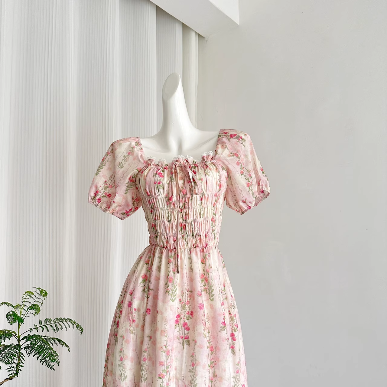 A line Strapless Short Sleeves Pink Floral Dress Long Holiday Dresses SD283