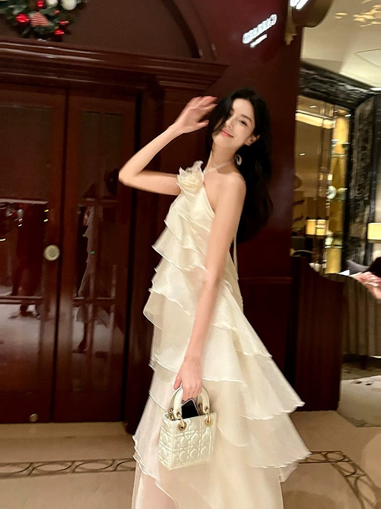 A Line Halter Neckline Chiffon Ruffles Evening Dress Prom Dresses SD2843