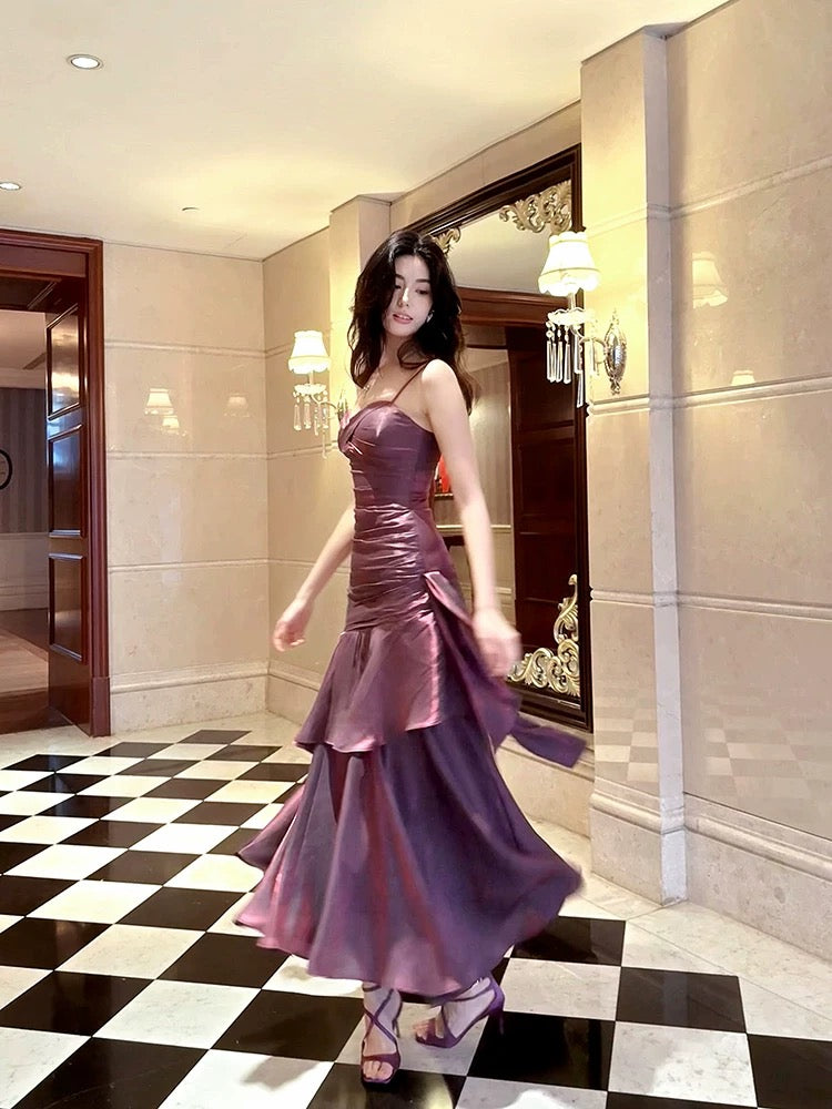 Mermaid Spaghetti Straps Long Length Grape Evening Dress Prom Dresses SD2848 HZ0628