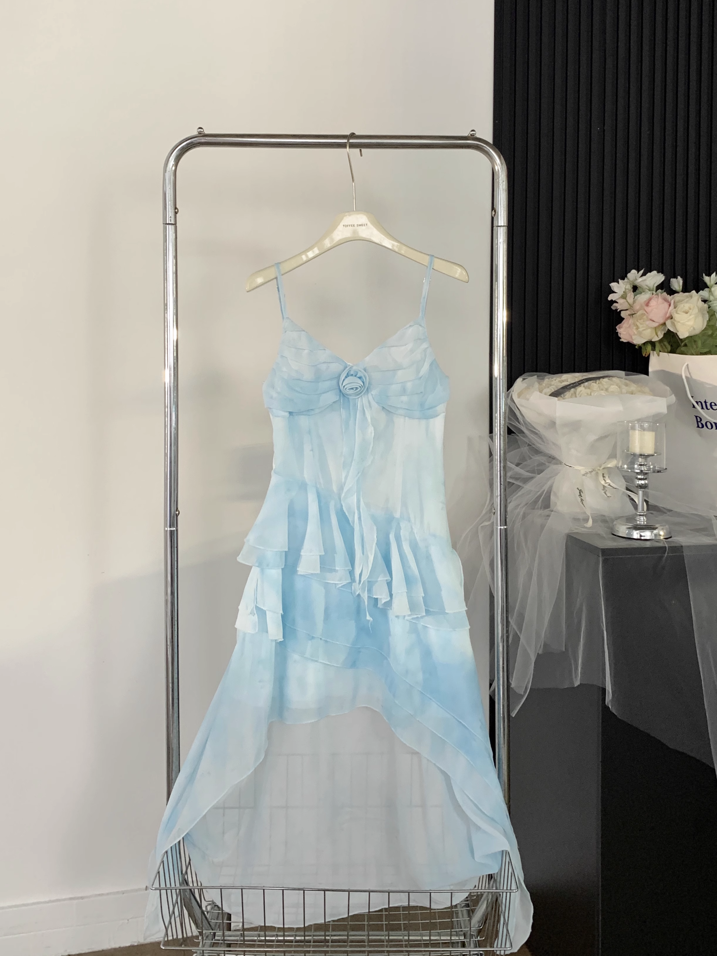High Low Spaghetti Straps Ice Blue Ombre Dress Beach Holiday Dresses SD285