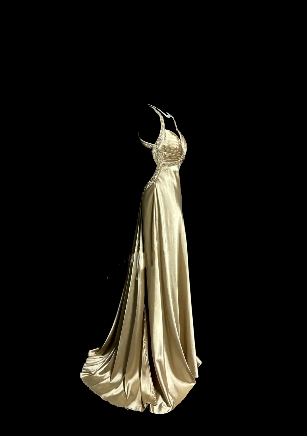 A line Halter Neckline Champagne Satin Prom Dress Ruffle Long Party Dress HZ0628