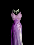 A line Halter Neckline Lilac Satin Prom Dress Ruffle Long Party Dress SD2910