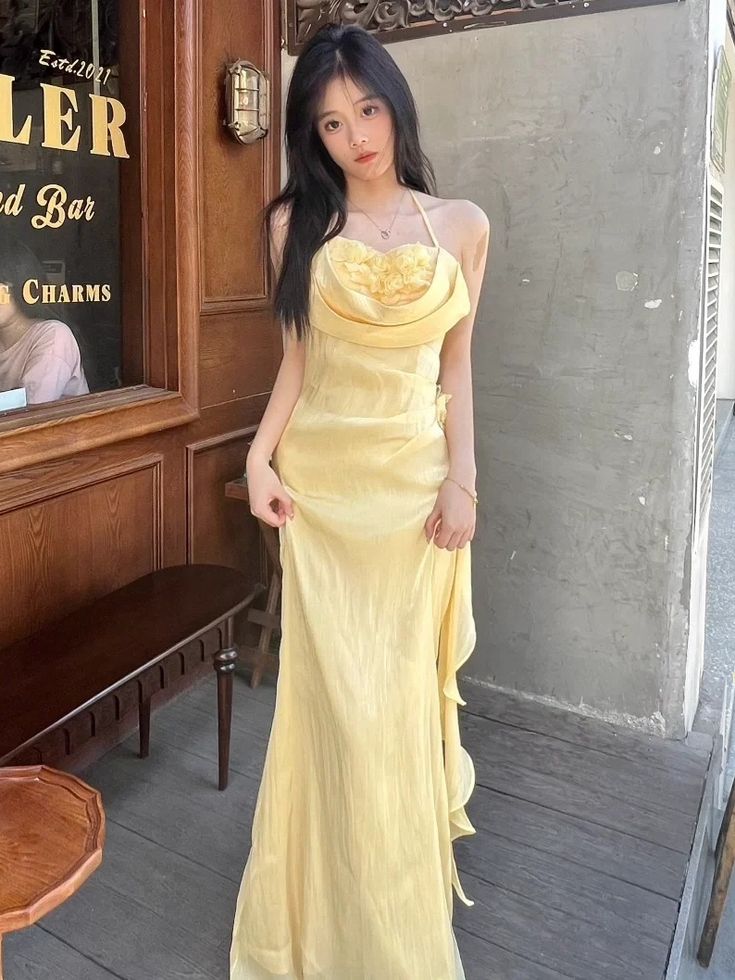 Yellow Halter Neck Floral Prom Gown Fairy Princess Prom Dress SD2955