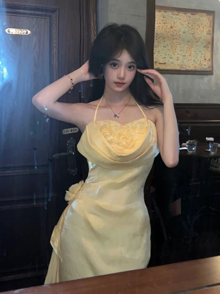 Yellow Halter Neck Floral Prom Gown Fairy Princess Prom Dress SD2955