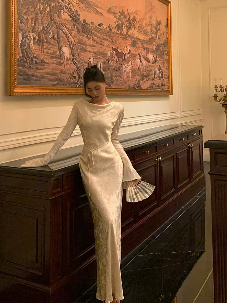 Sheath Scoop Long Sleeves Floral Ivory Silk Satin Long Prom Dresses Birthday Outfits SD297