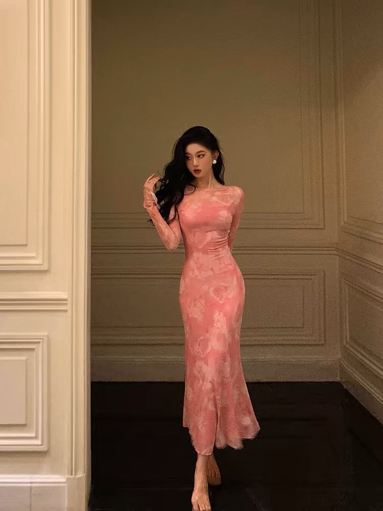 Sheath Pink Floral 2 Pieces Long Sleeves Prom Dresses Birthday Outfits SD309