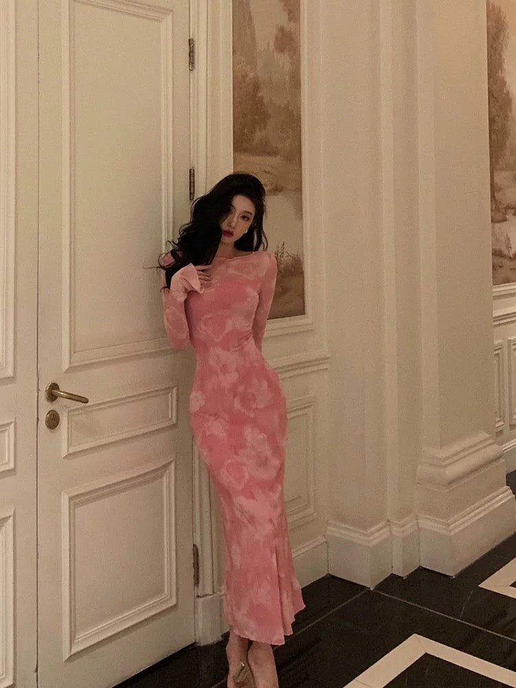 Sheath Pink Floral 2 Pieces Long Sleeves Prom Dresses Birthday Outfits SD309