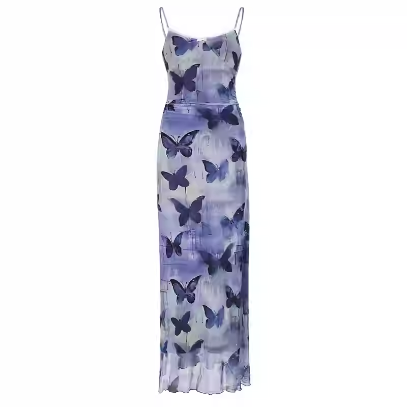 Sheath Spaghetti Straps Purple Butterfly Print Lace Casual Dress Beach Holiday Dresses SD314
