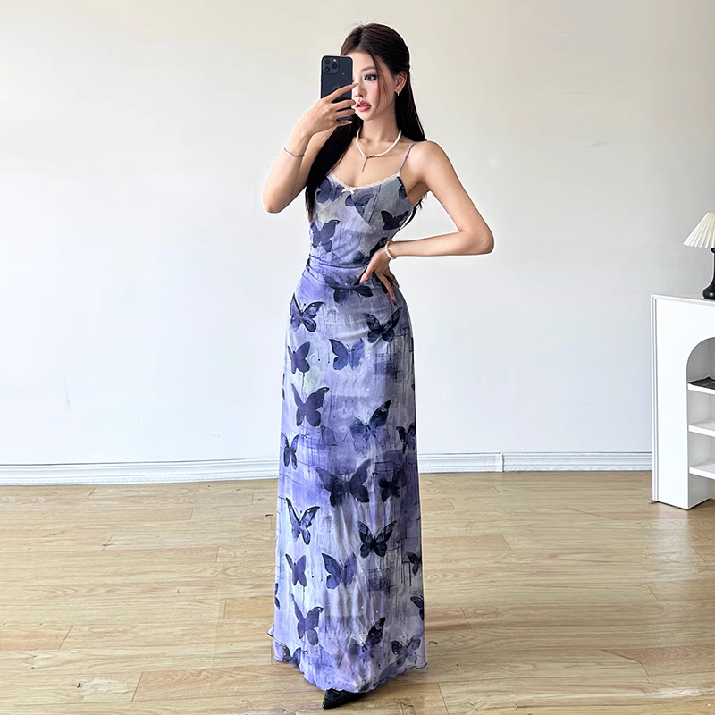Sheath Spaghetti Straps Purple Butterfly Print Lace Casual Dress Beach Holiday Dresses SD314