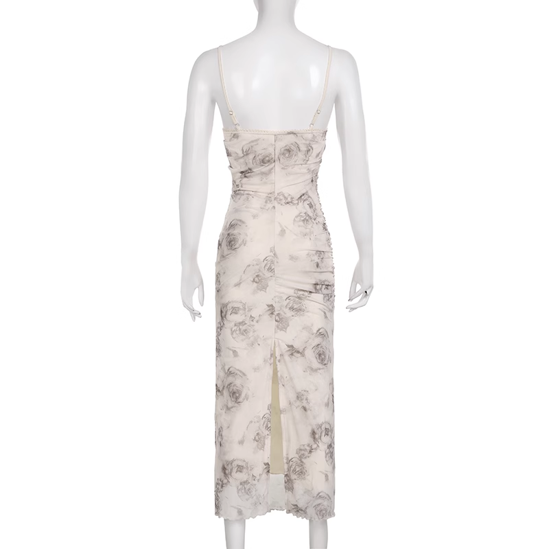 Sheath Spaghetti Straps Champagne Butterfly Print Lace Casual Dress Beach Holiday Dresses SD315