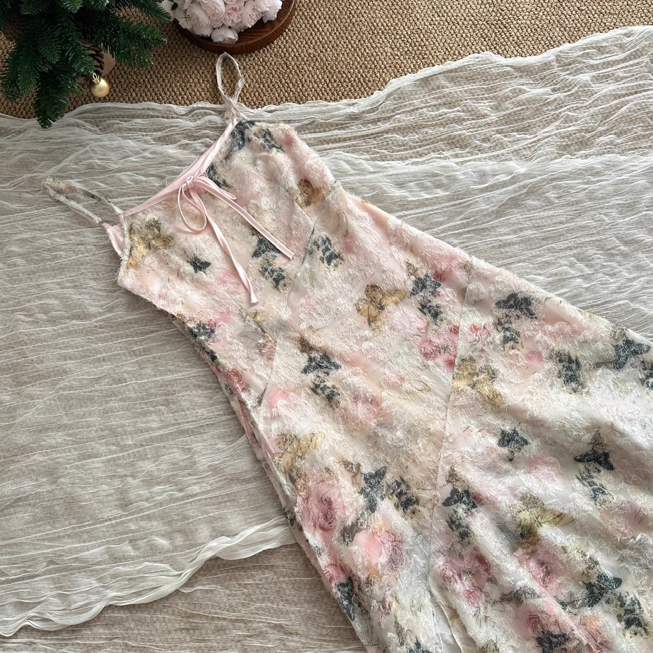 A line Spaghetti Straps Pink Floral Dress Long Holiday Dresses SD317