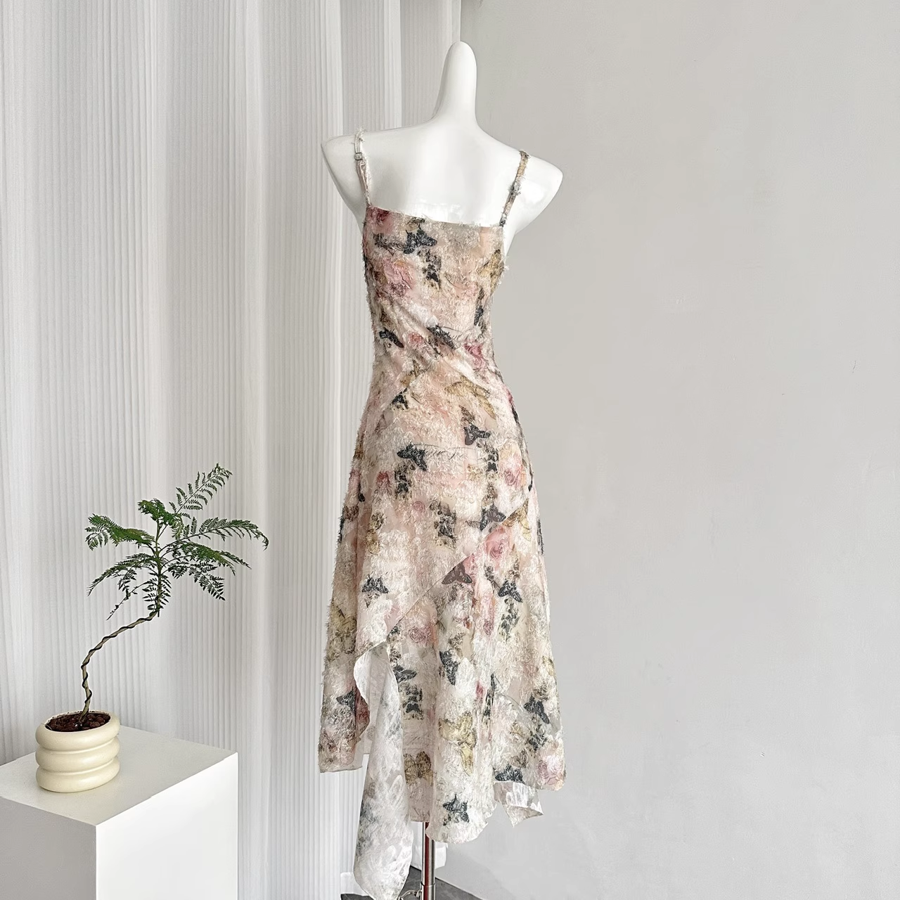 A line Spaghetti Straps Pink Floral Dress Long Holiday Dresses SD317