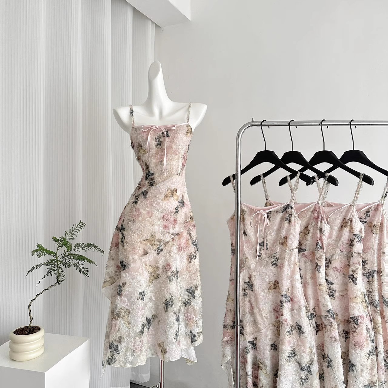 A line Spaghetti Straps Pink Floral Dress Long Holiday Dresses SD317