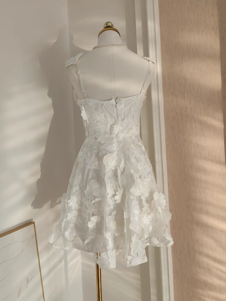 A line Straps Sleeveless Floral White Party Dress Short Holiday Dresses SD338